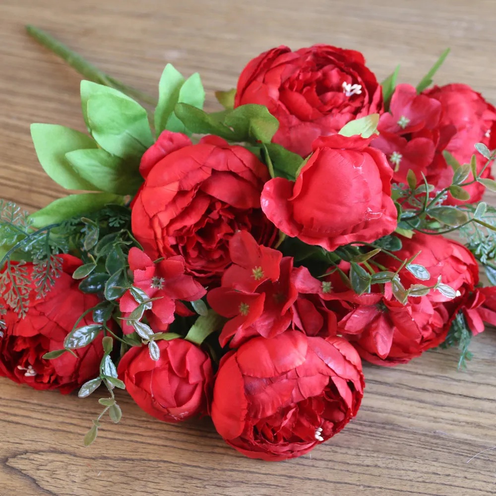 Artificial Vivid Silk Peony Flowers with Fake Leaf Bouquet