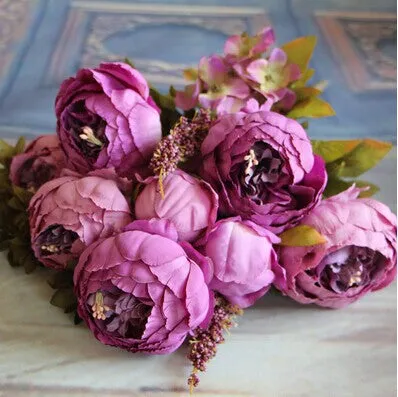 Artificial Vivid Silk Peony Flowers with Fake Leaf Bouquet