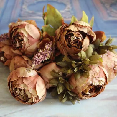 Artificial Vivid Silk Peony Flowers with Fake Leaf Bouquet