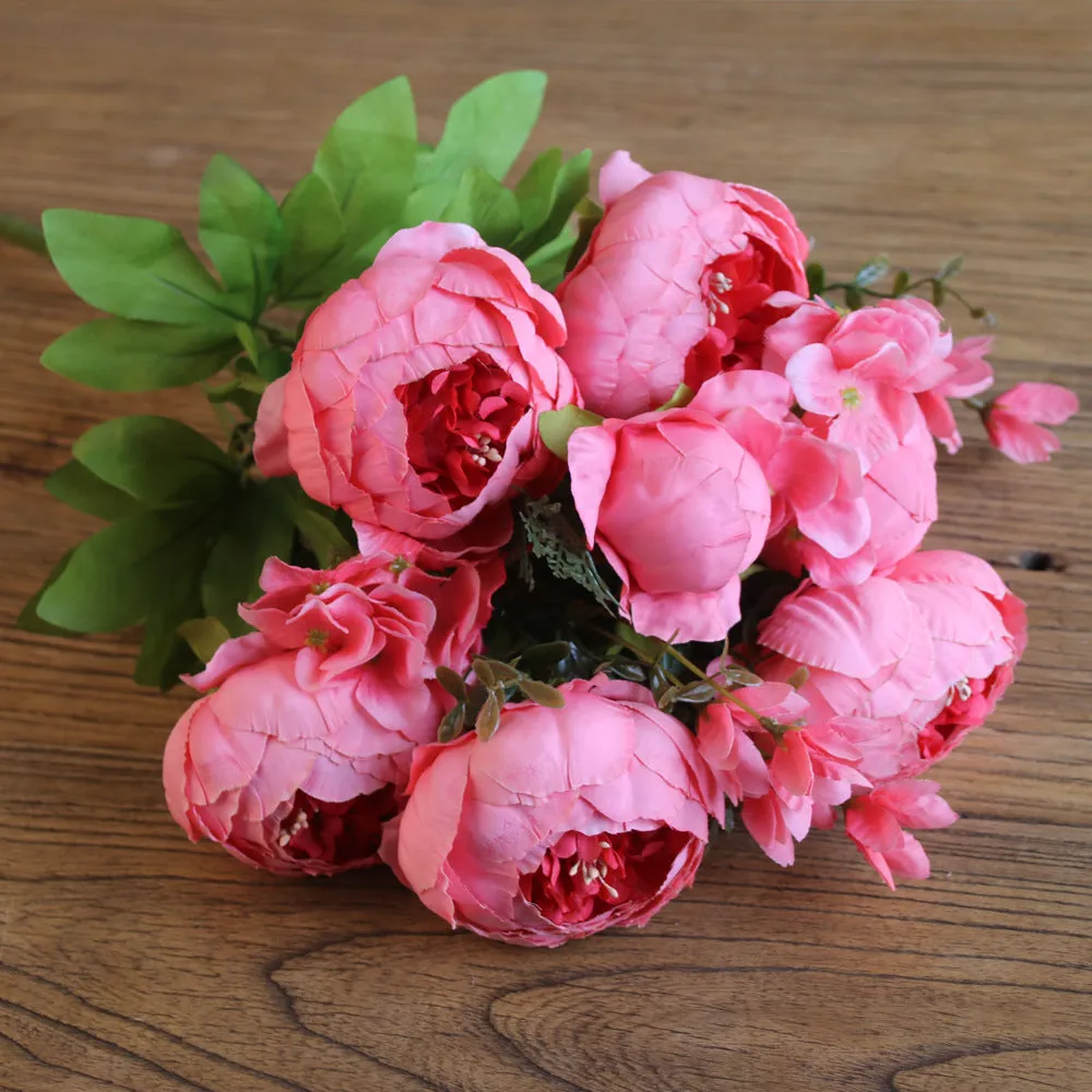 Artificial Vivid Silk Peony Flowers with Fake Leaf Bouquet