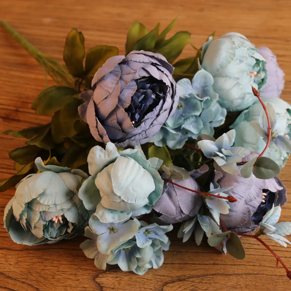 Artificial Vivid Silk Peony Flowers with Fake Leaf Bouquet