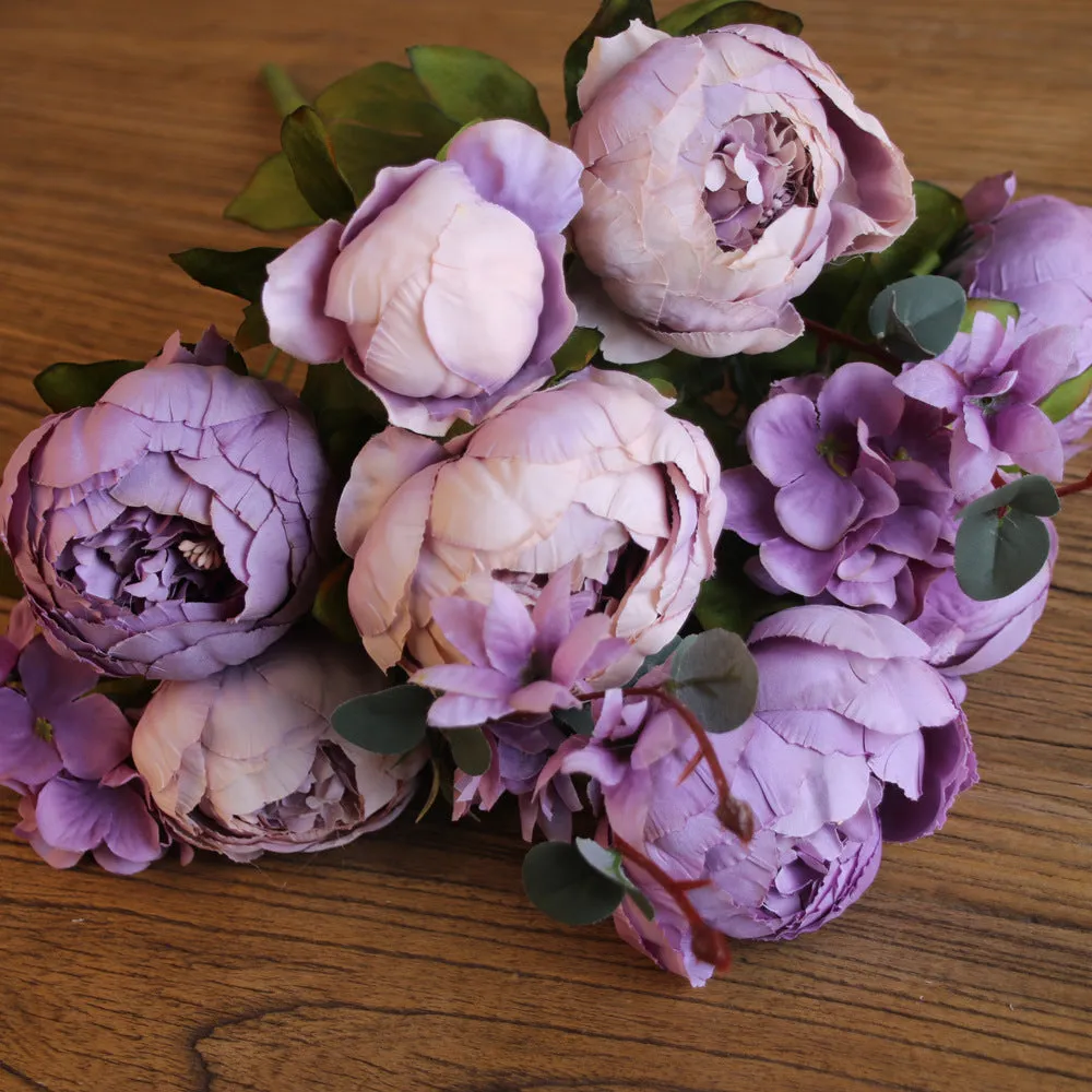 Artificial Vivid Silk Peony Flowers with Fake Leaf Bouquet