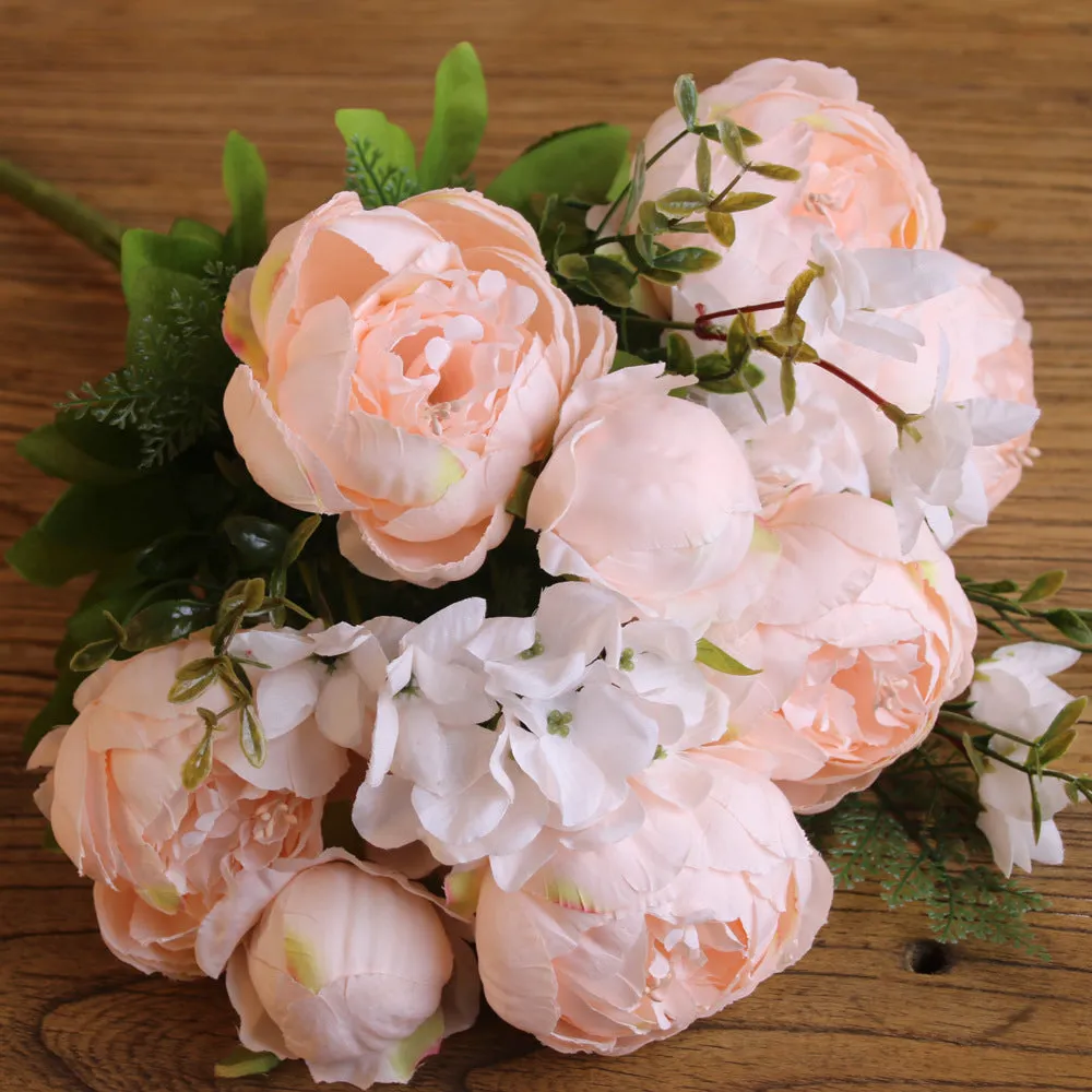 Artificial Vivid Silk Peony Flowers with Fake Leaf Bouquet