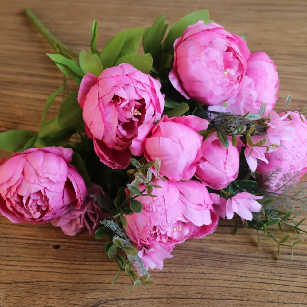 Artificial Vivid Silk Peony Flowers with Fake Leaf Bouquet