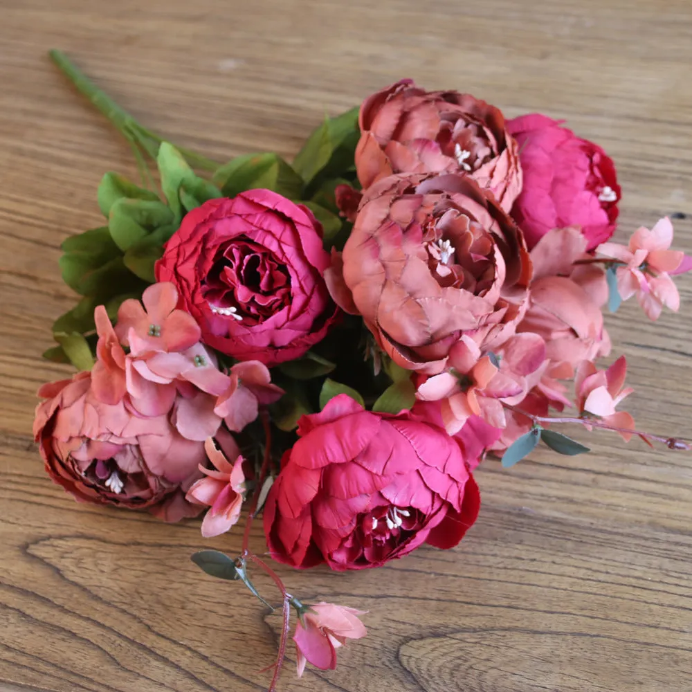 Artificial Vivid Silk Peony Flowers with Fake Leaf Bouquet