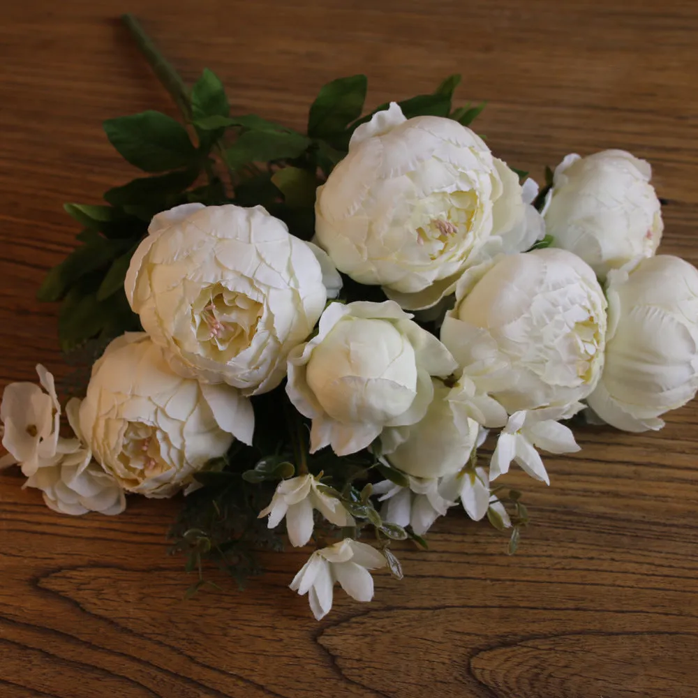 Artificial Vivid Silk Peony Flowers with Fake Leaf Bouquet