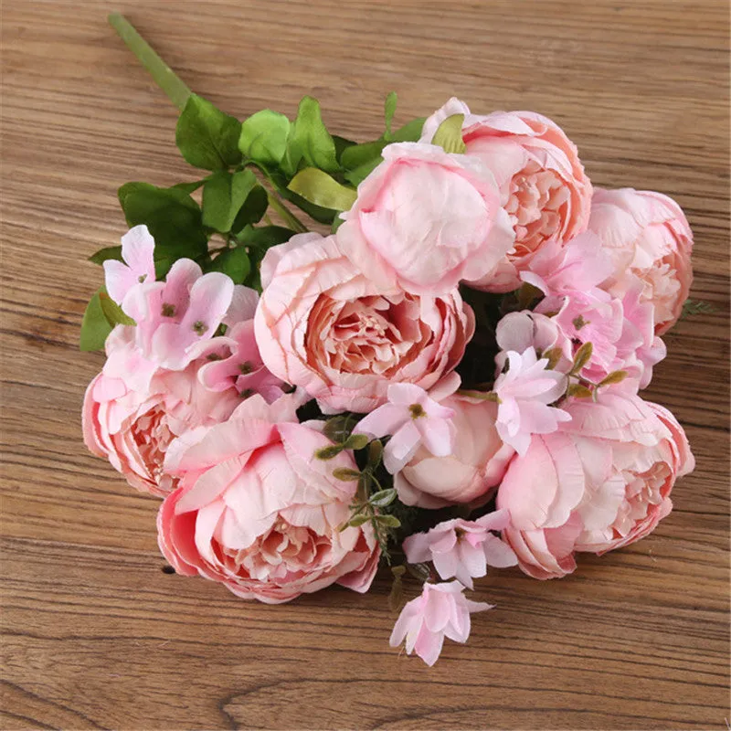 Artificial Vivid Silk Peony Flowers with Fake Leaf Bouquet