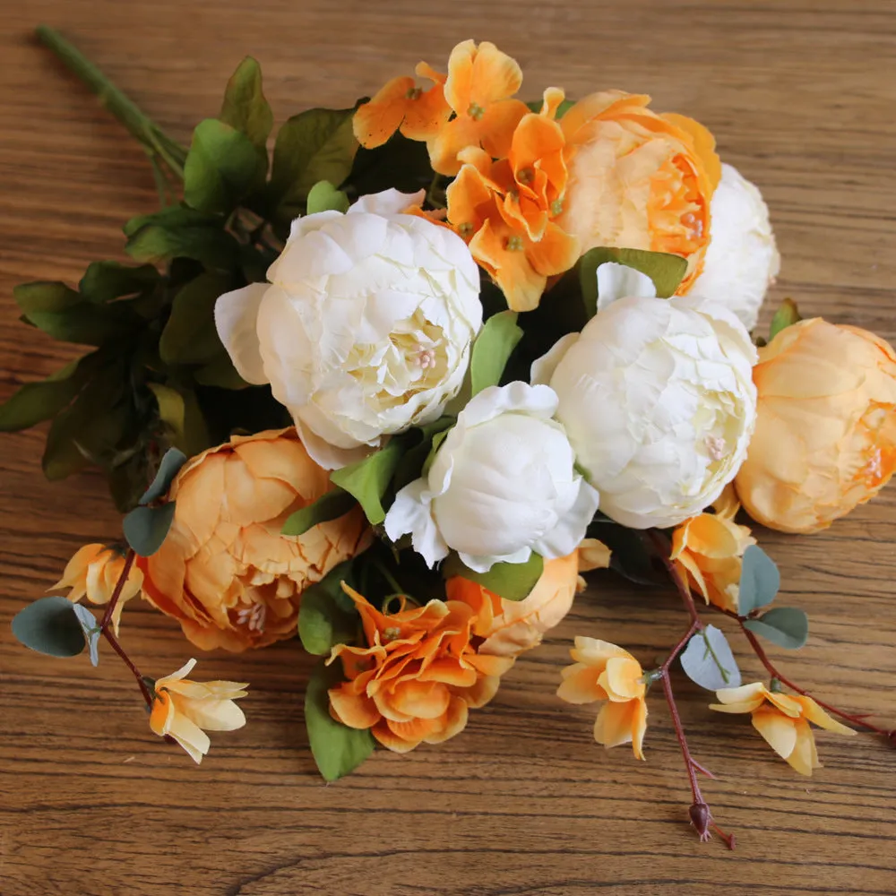 Artificial Vivid Silk Peony Flowers with Fake Leaf Bouquet