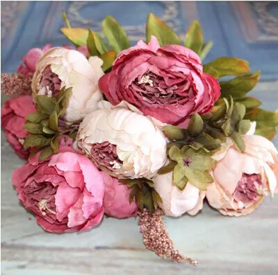 Artificial Vivid Silk Peony Flowers with Fake Leaf Bouquet