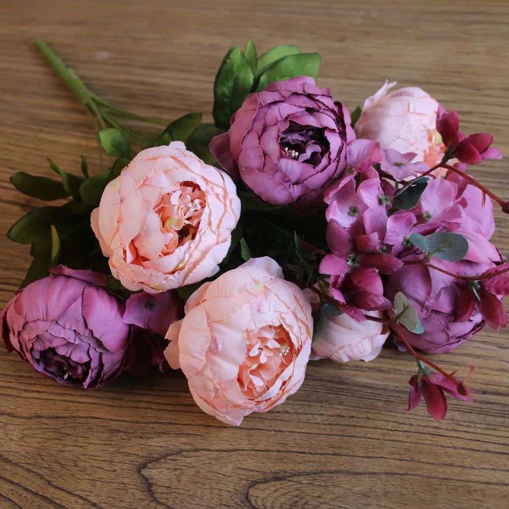 Artificial Vivid Silk Peony Flowers with Fake Leaf Bouquet