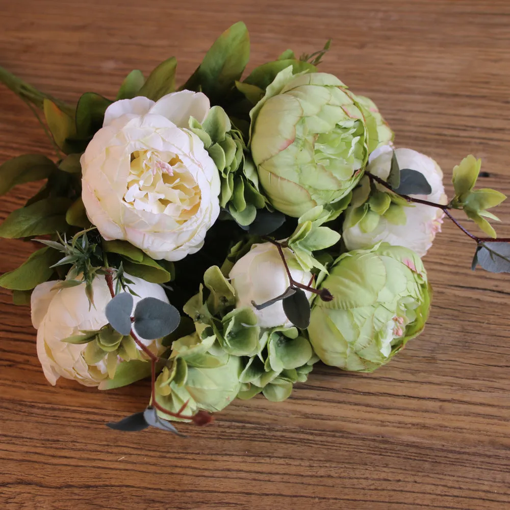 Artificial Vivid Silk Peony Flowers with Fake Leaf Bouquet