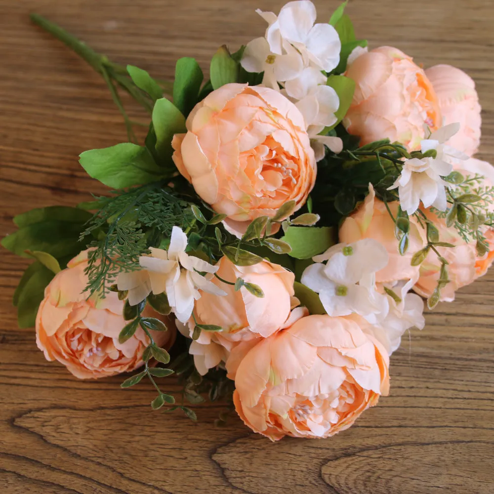 Artificial Vivid Silk Peony Flowers with Fake Leaf Bouquet