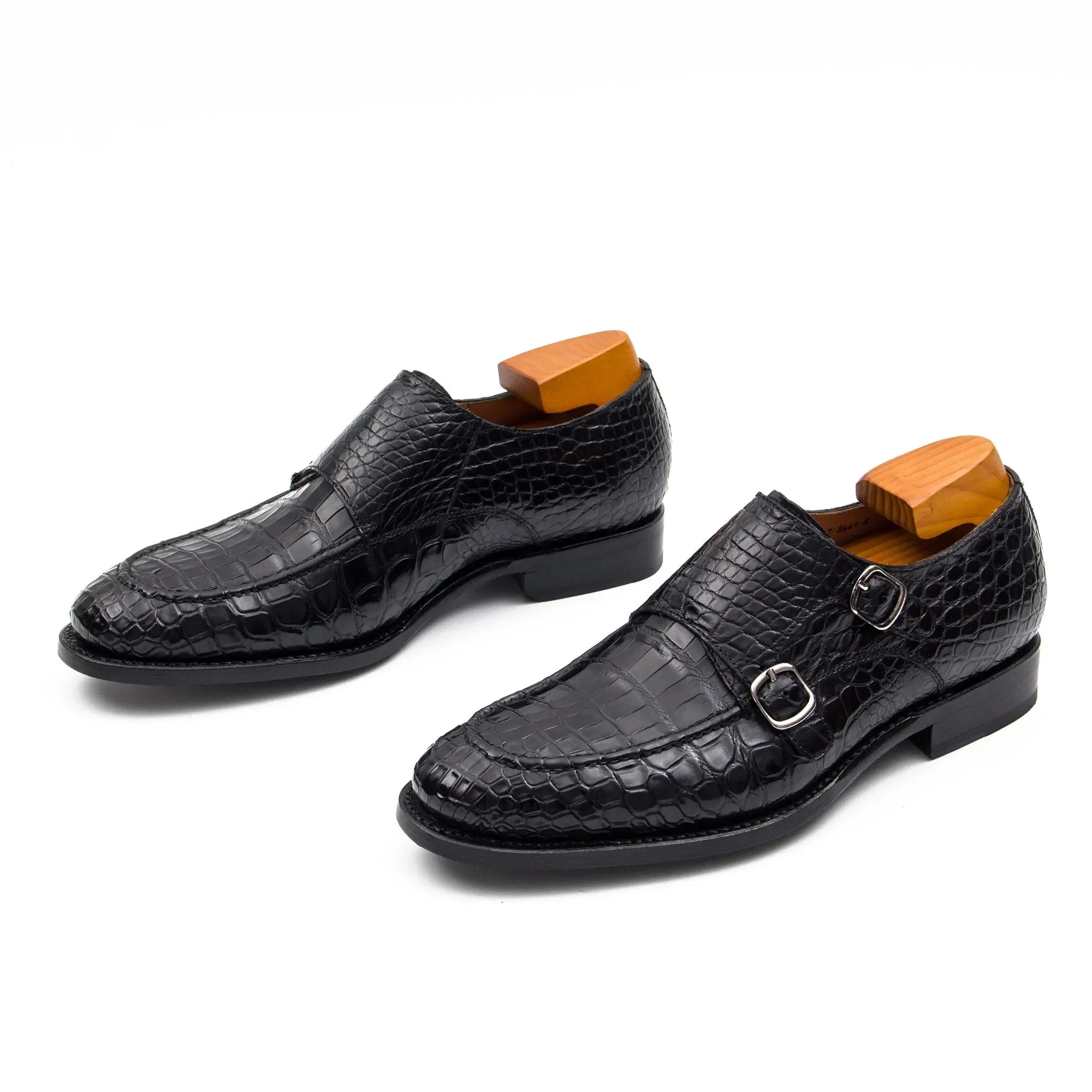 Black crocodile double monk strap shoes