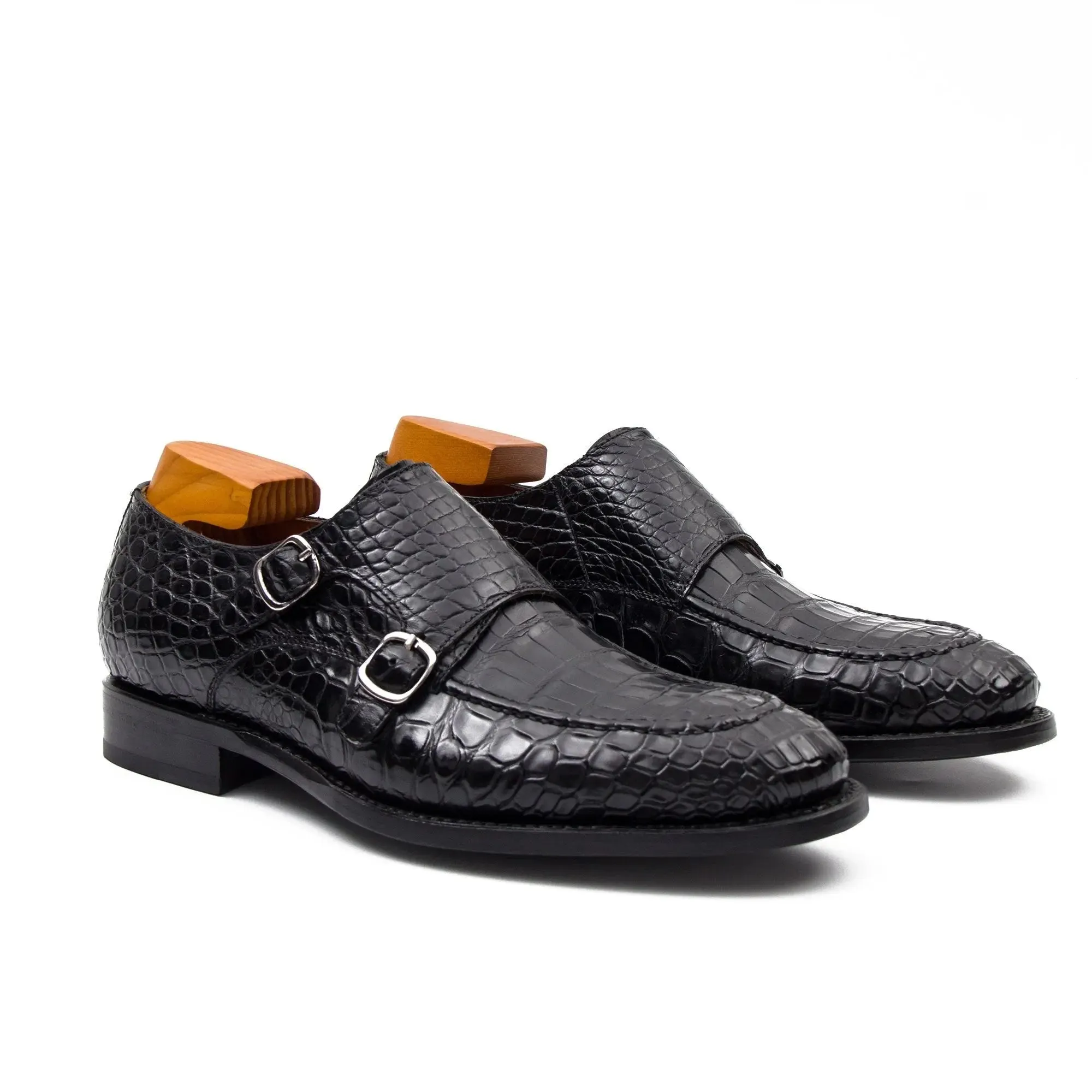 Black crocodile double monk strap shoes