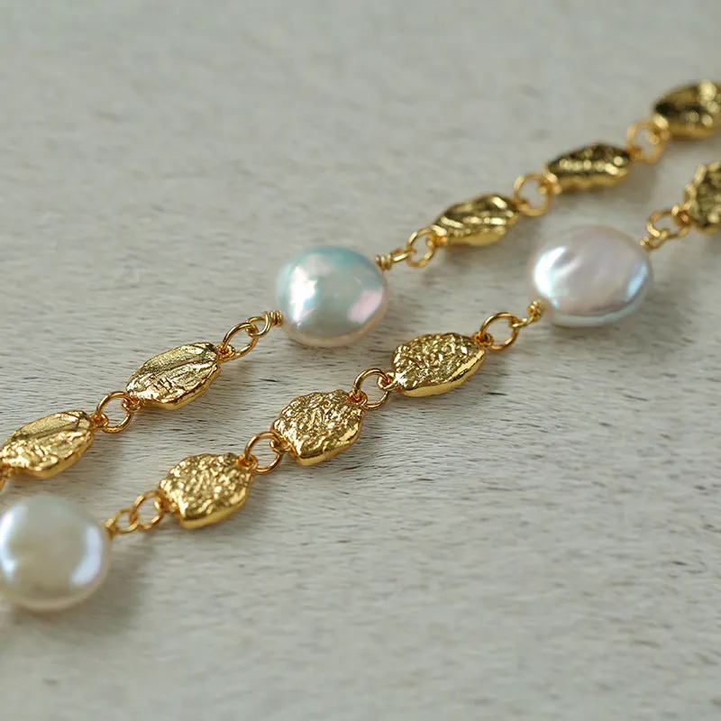 Elegant Irregular Gold Coin & Pearl Drop Necklace