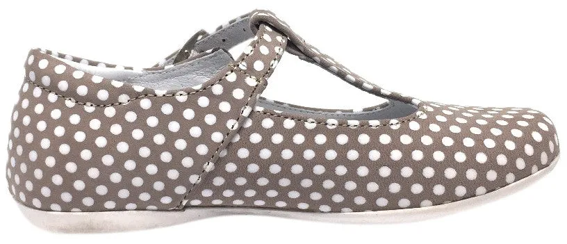 Emel Girl's Polka Dot Light Tan Leather T-Strap Mary Jane Shoe