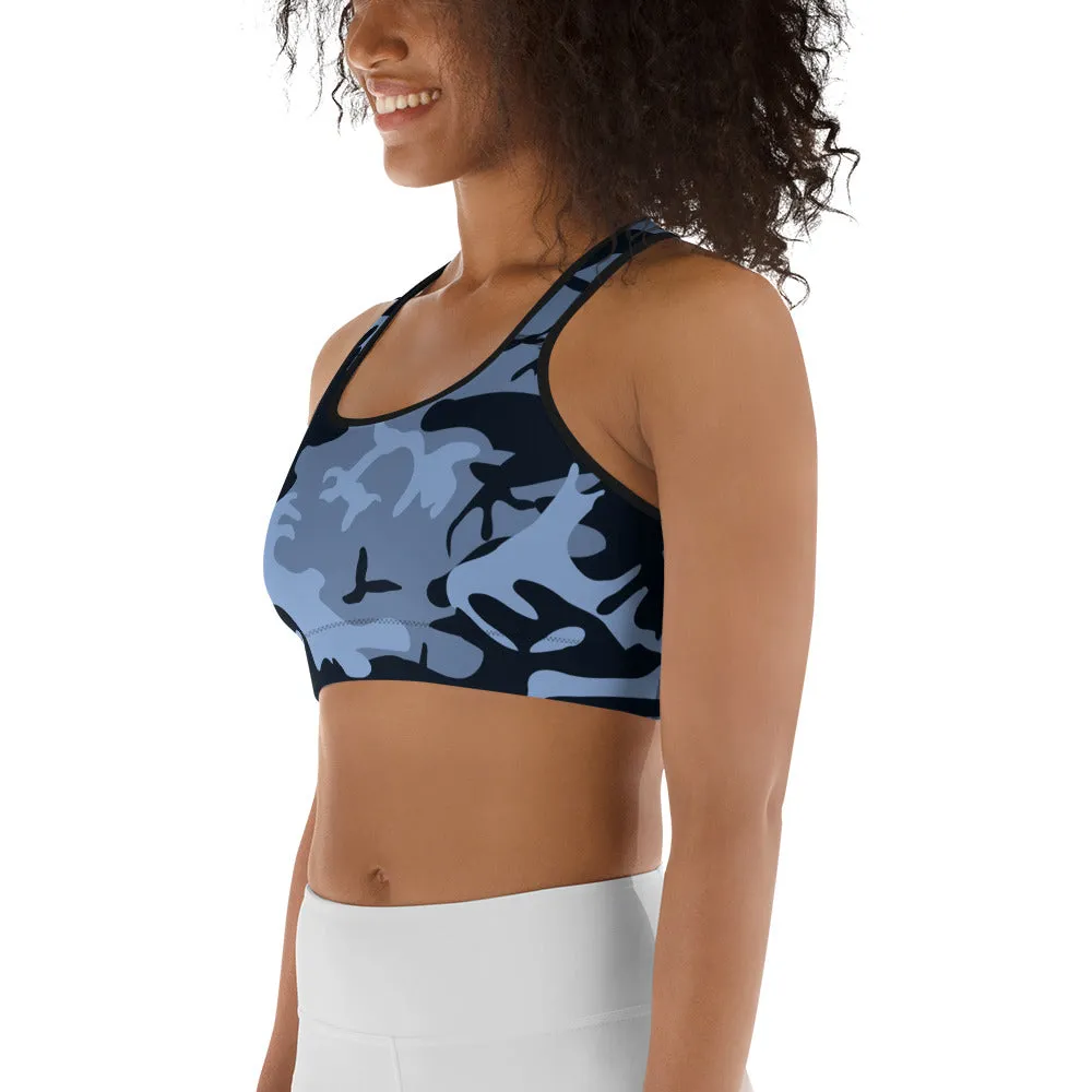 Navy Blue and Light Blue Camouflage Sports Bra