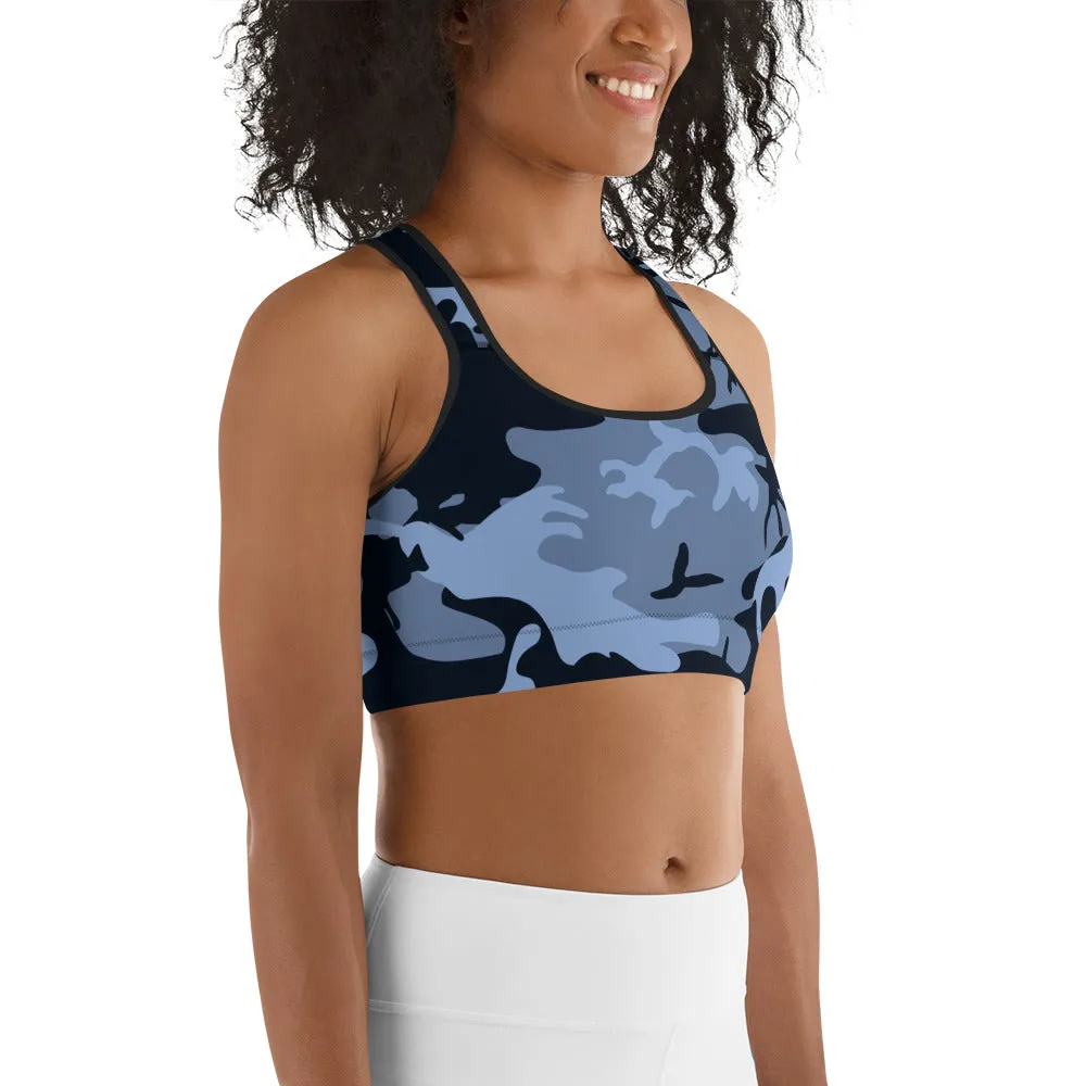 Navy Blue and Light Blue Camouflage Sports Bra