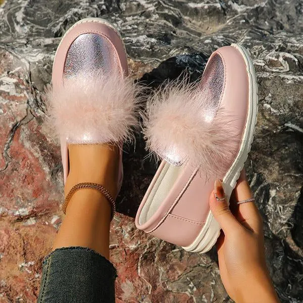 Women's Casual Pink Slip-On Furry Flats 93707845S